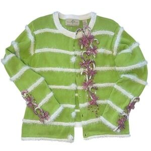 Design Options Christmas Cardigan Sweater M Lime Green Beaded Sequin Candy‎ Cane